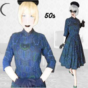 Vintage Circle Skirt Dress 50s Fit Flare New Look Frock, Dolman Sleeves